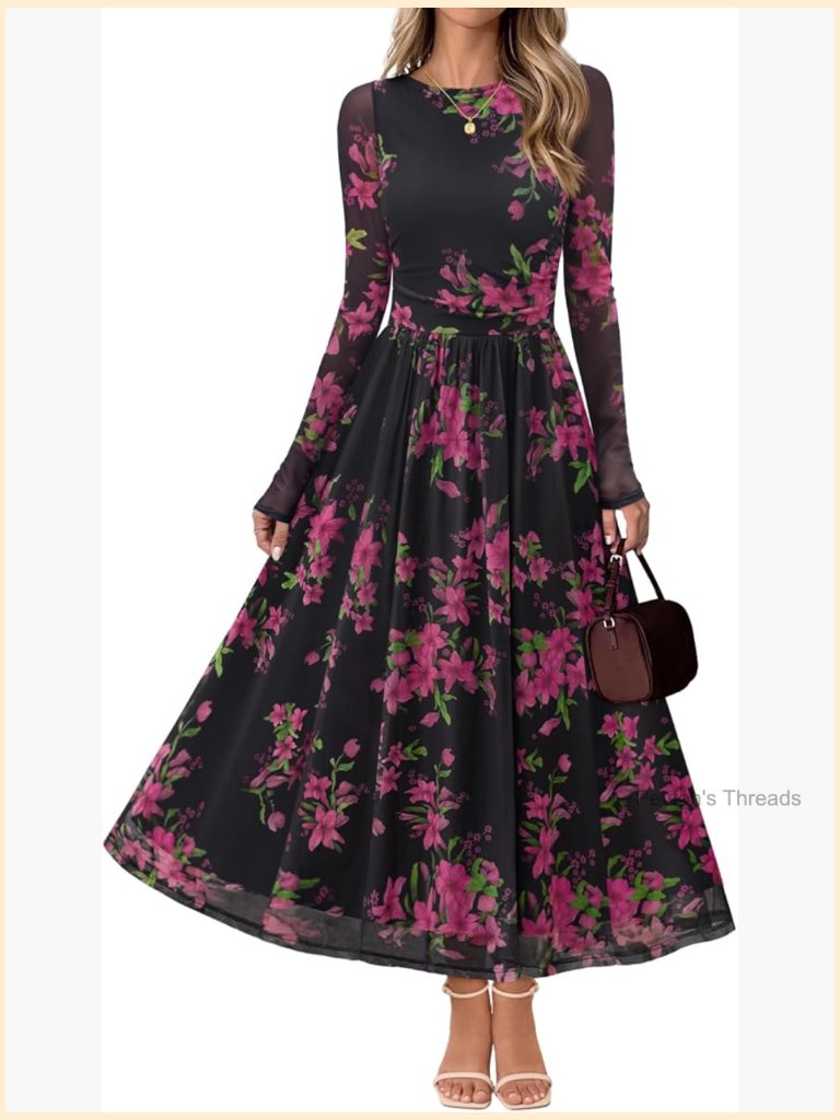 Long Sleeve Maxi Dress Floral Mesh Cocktail Wedding Guest